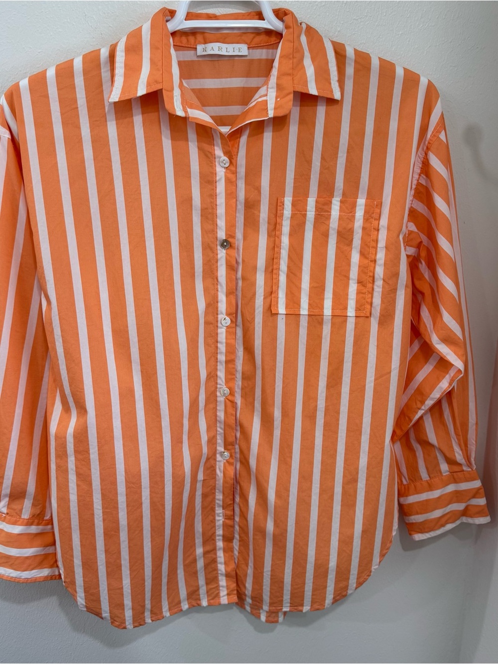 Karlie Orange Stripe Button Up Shirt S | Oversized Cotton Pocket Top